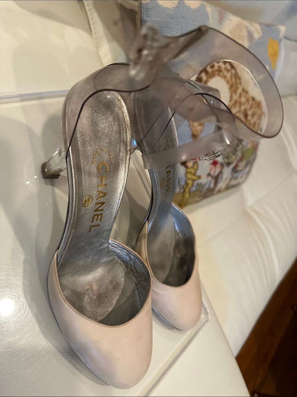 CHANEL Beige Leather Pumps with Clear Ankle Strap - Picture 12 of 16